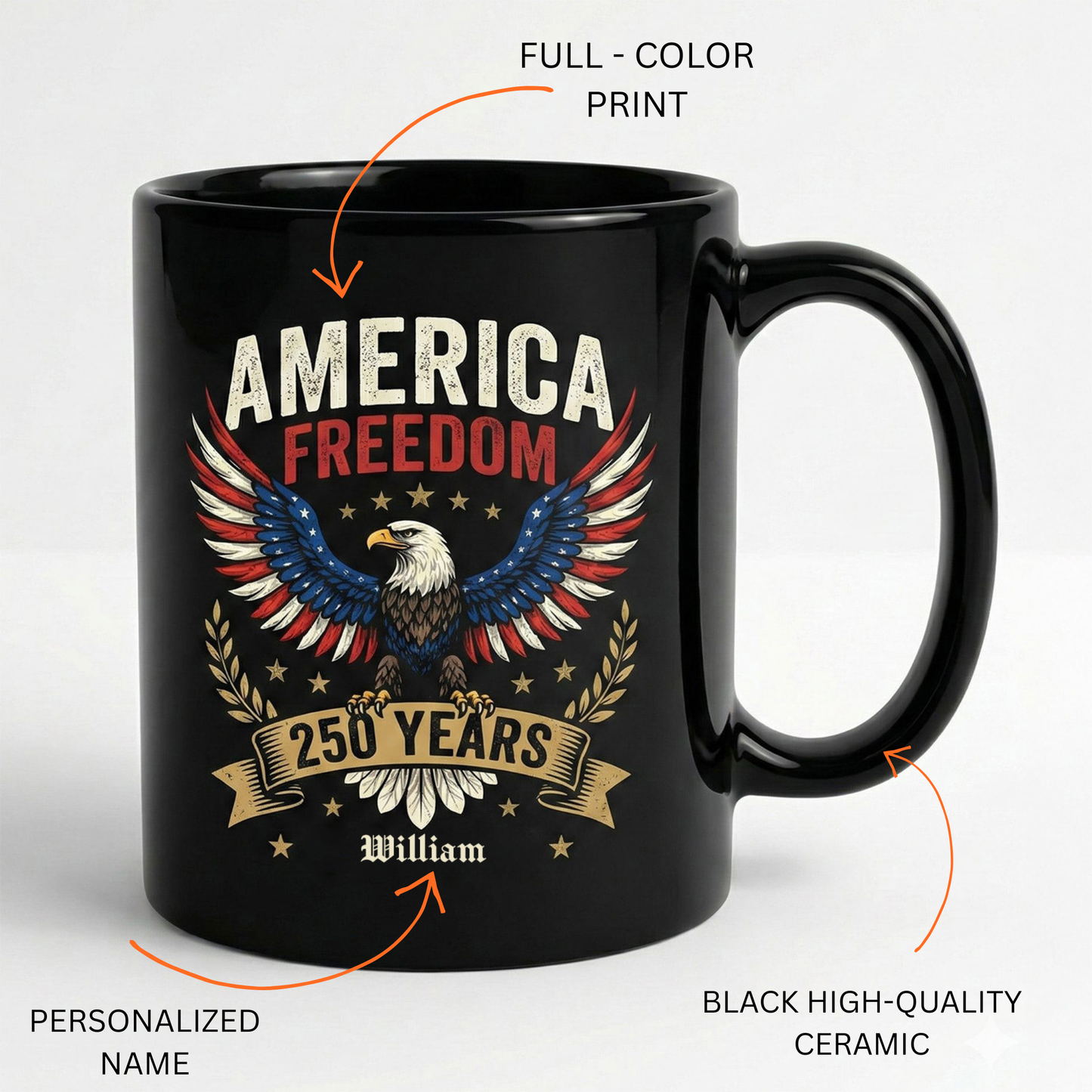 America Freedom 250 Years Personalized Black Mug – USA 1776-2026 Patriotic Eagle Anniversary Mug