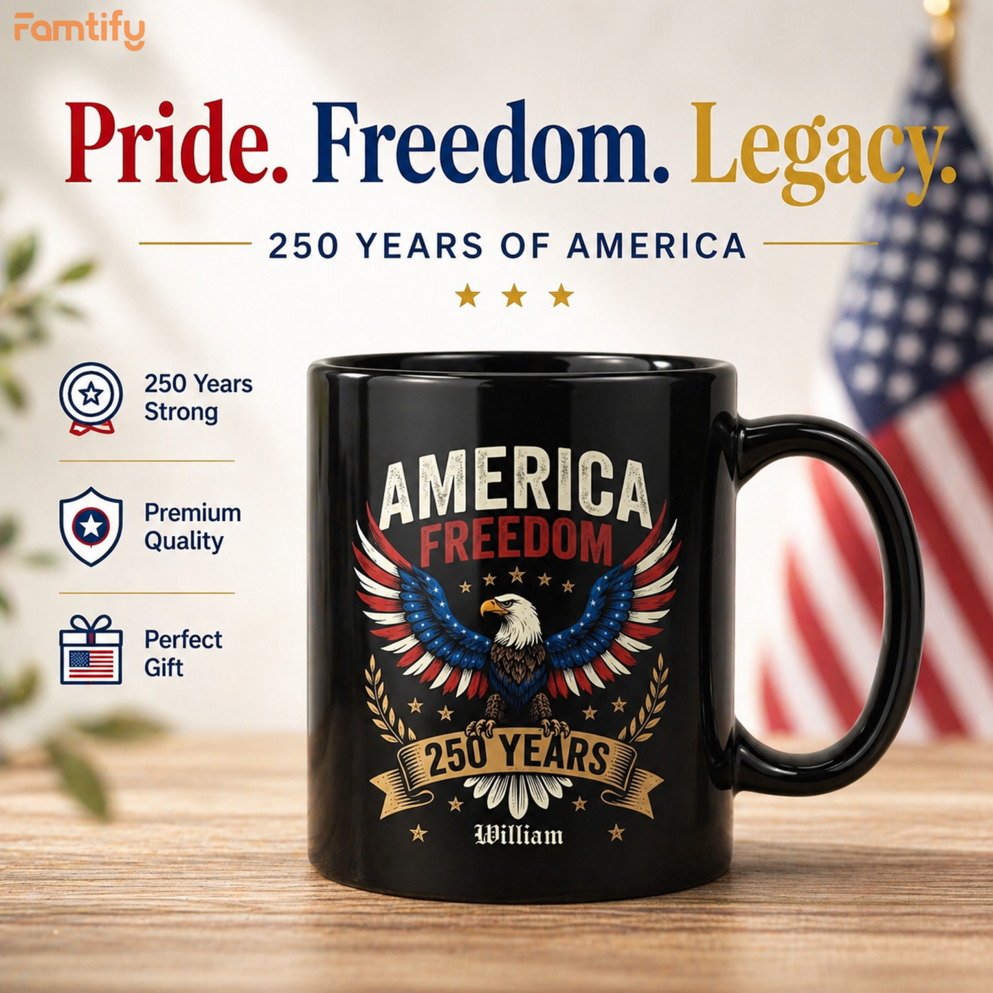 America Freedom 250 Years Personalized Black Mug – USA 1776-2026 Patriotic Eagle Anniversary Mug