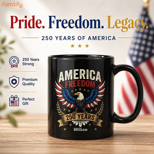 America Freedom 250 Years Personalized Black Mug - USA 1776-2026 Patriotic Eagle Anniversary Mug