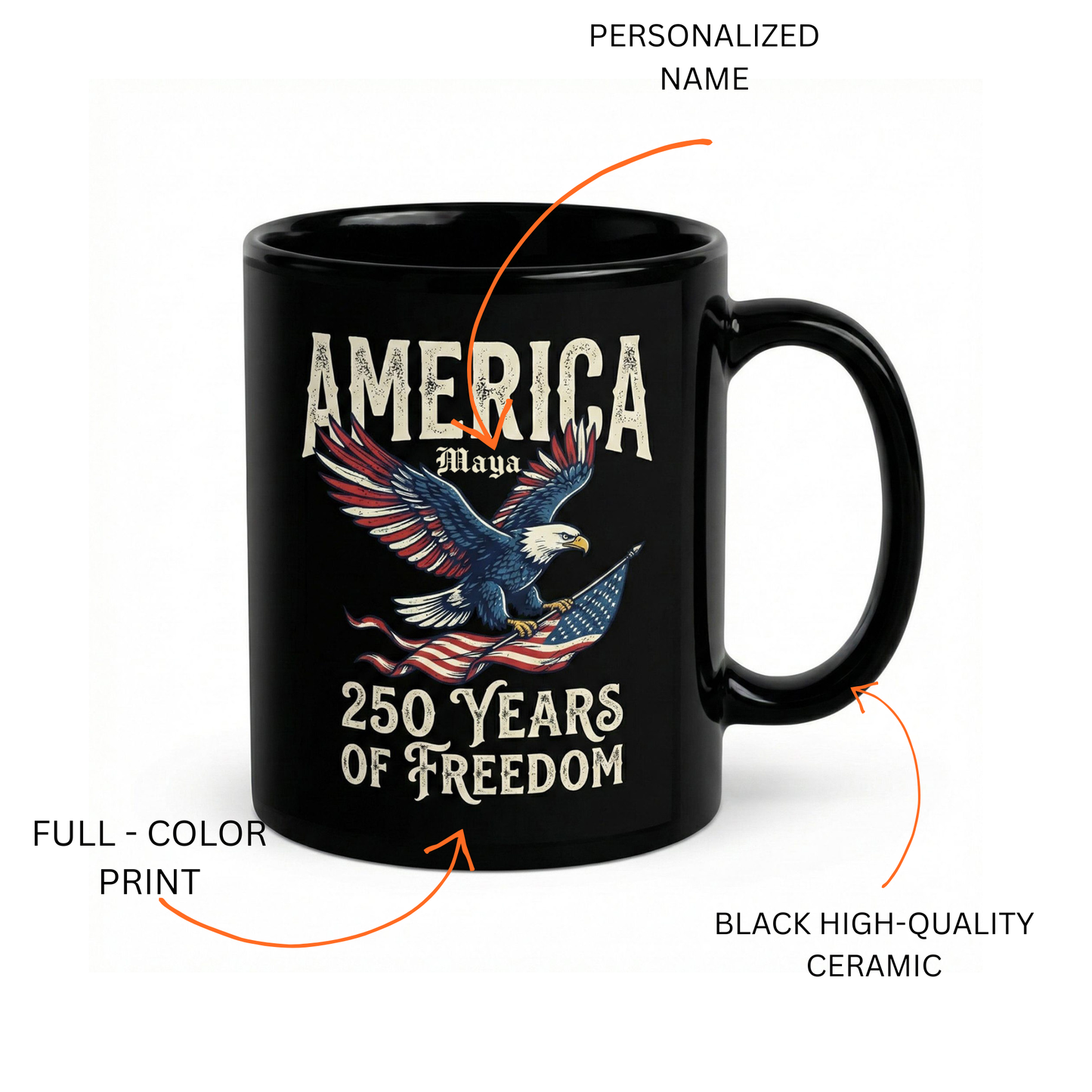 America 250 Years of Freedom Personalized Black Mug – Patriotic Eagle Flag USA Anniversary Mug