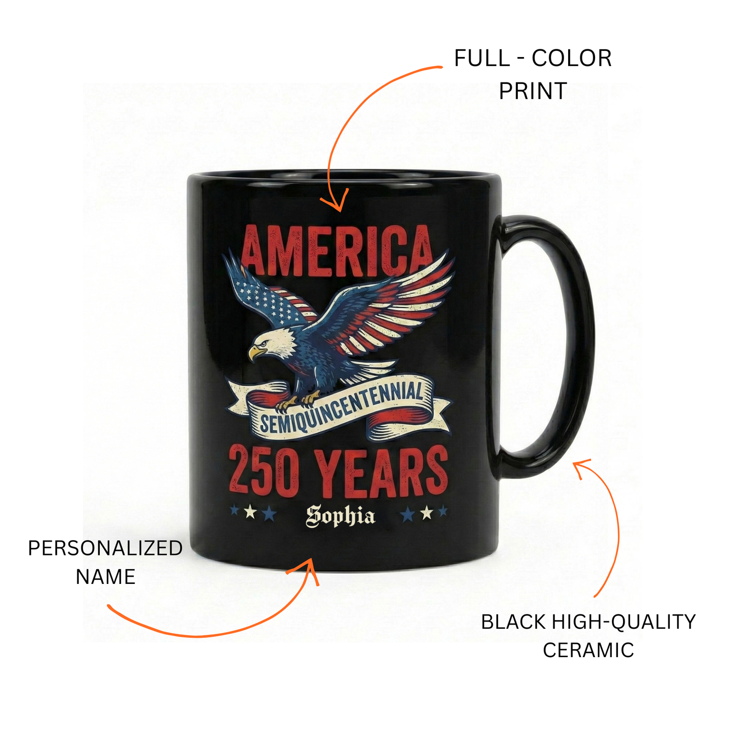 America 250 Semiquincentennial Eagle Personalized Black Mug – USA 250 Years Anniversary Mug