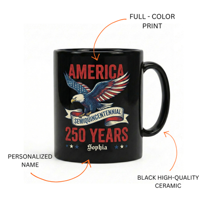 America 250 Semiquincentennial Eagle Personalized Black Mug – USA 250 Years Anniversary Mug