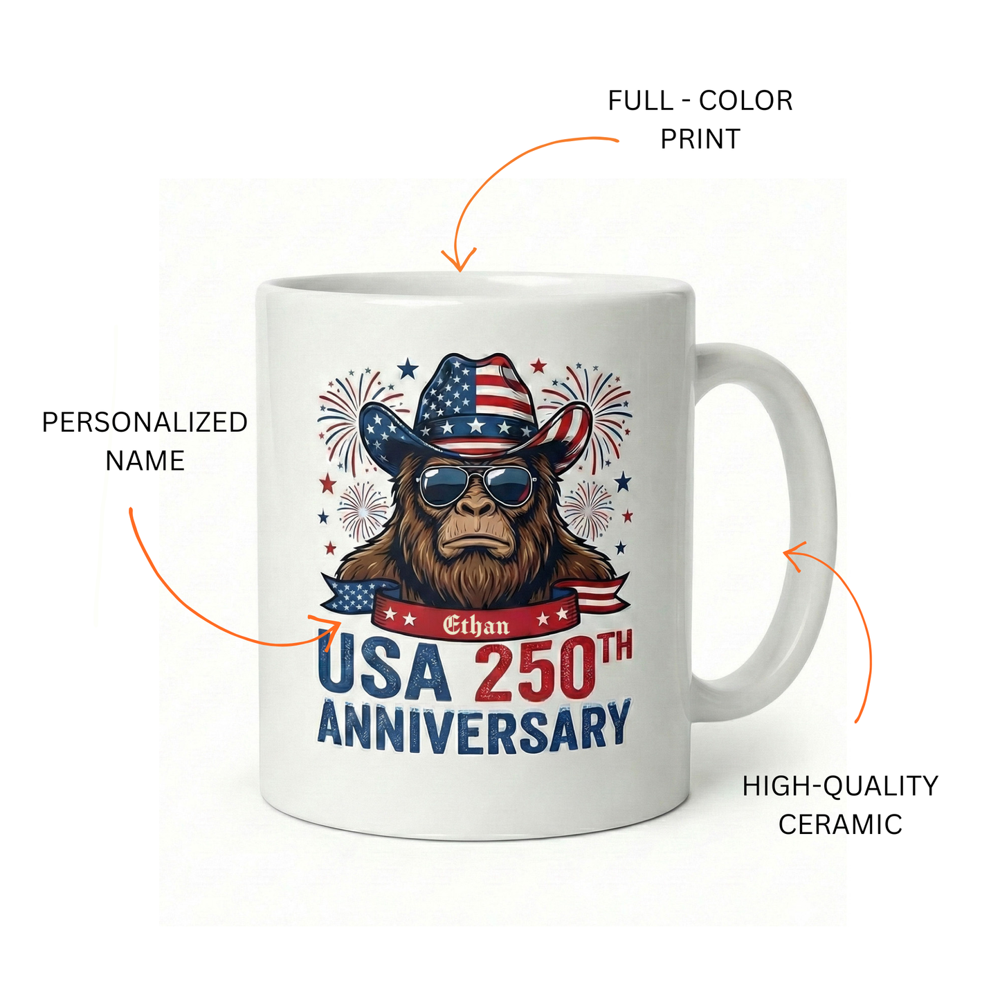 USA 250th Anniversary Personalized White Mug – America 250 Patriotic Cowboy Bigfoot Mug