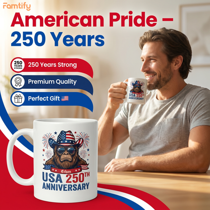 USA 250th Anniversary Personalized White Mug – America 250 Patriotic Cowboy Bigfoot Mug