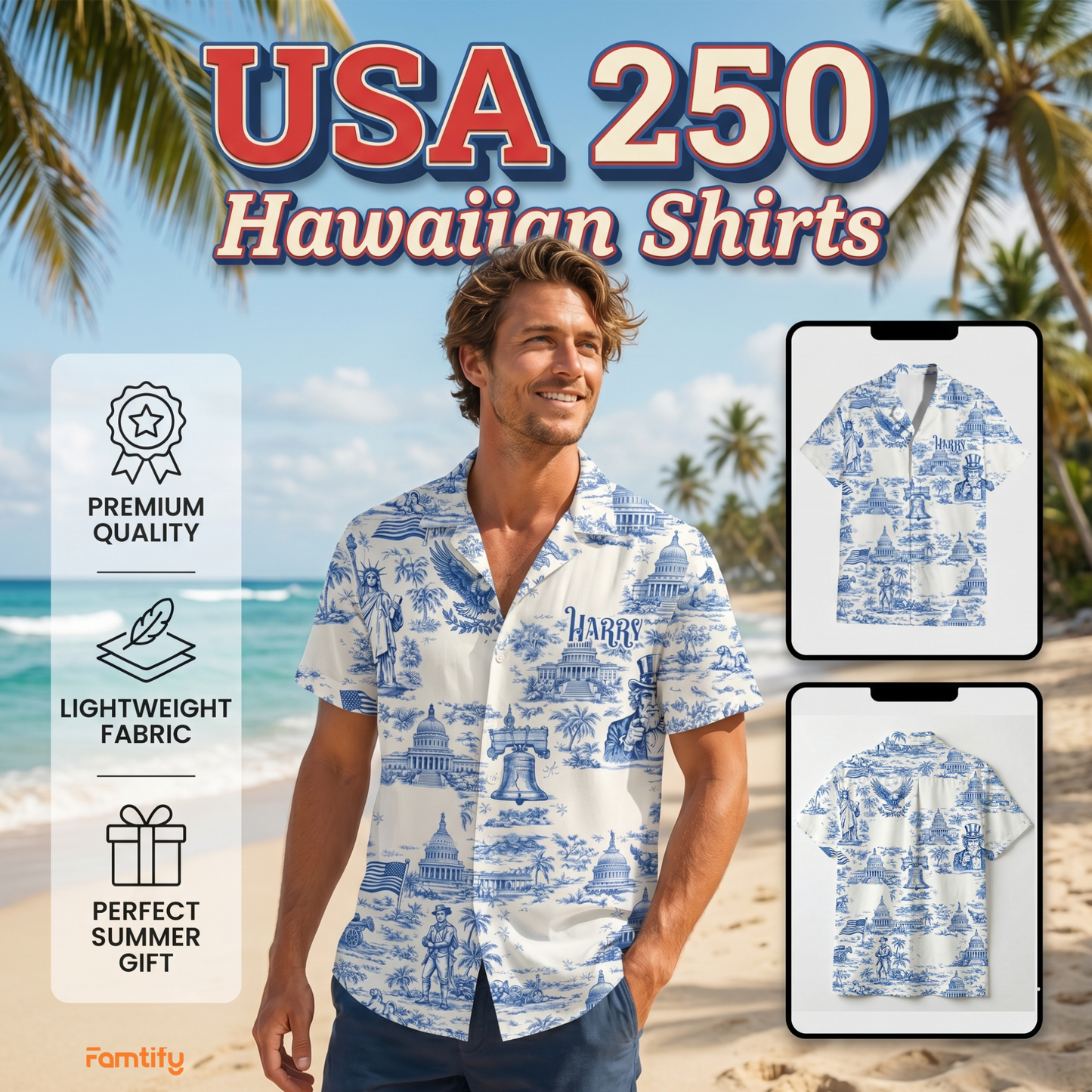 America 250th Anniversary Toile De Jouy Style Hawaii Shirt