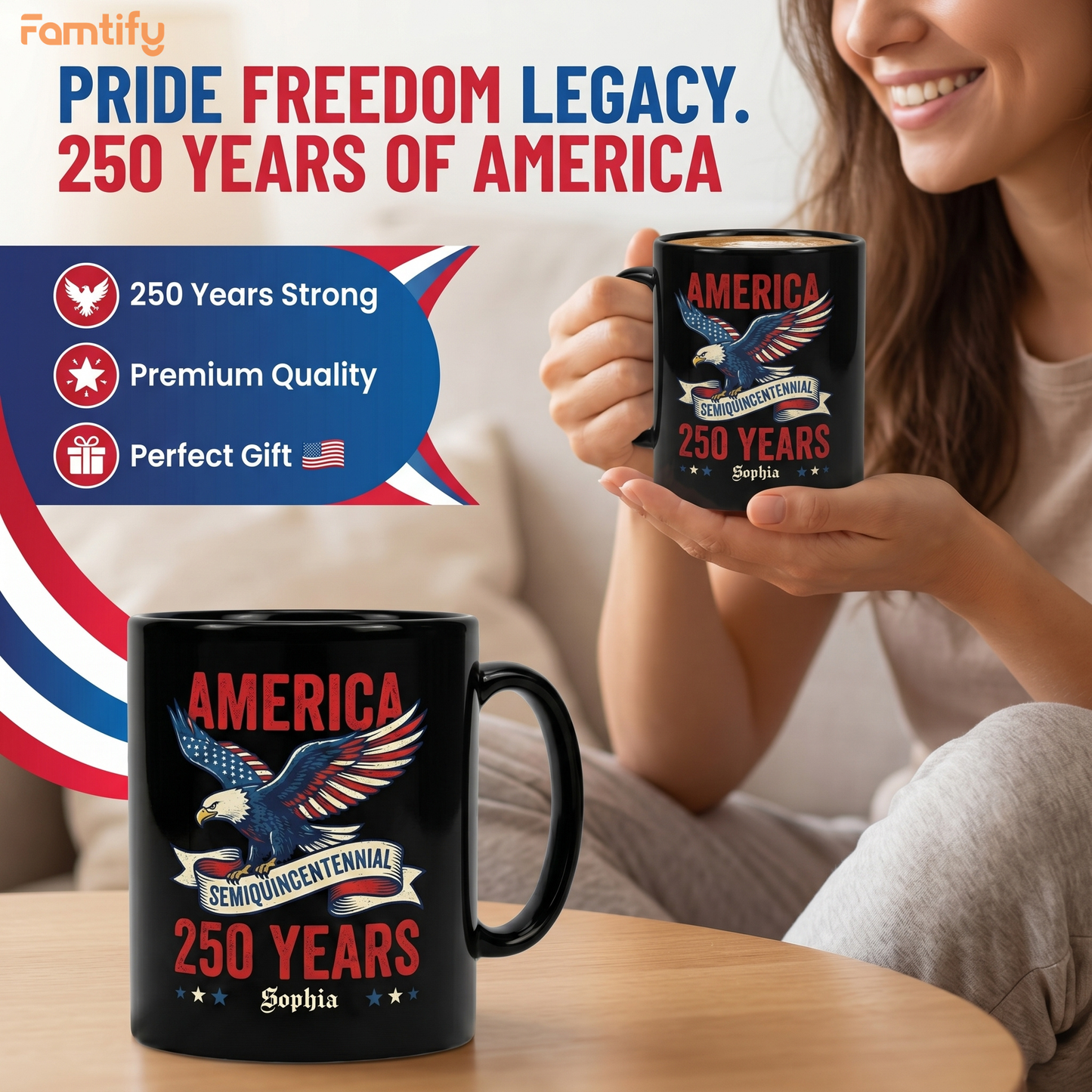 America 250 Semiquincentennial Eagle Personalized Black Mug – USA 250 Years Anniversary Mug