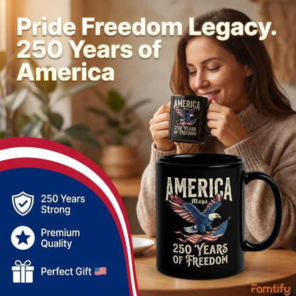 America 250 Years of Freedom Personalized Black Mug – Patriotic Eagle Flag USA Anniversary Mug