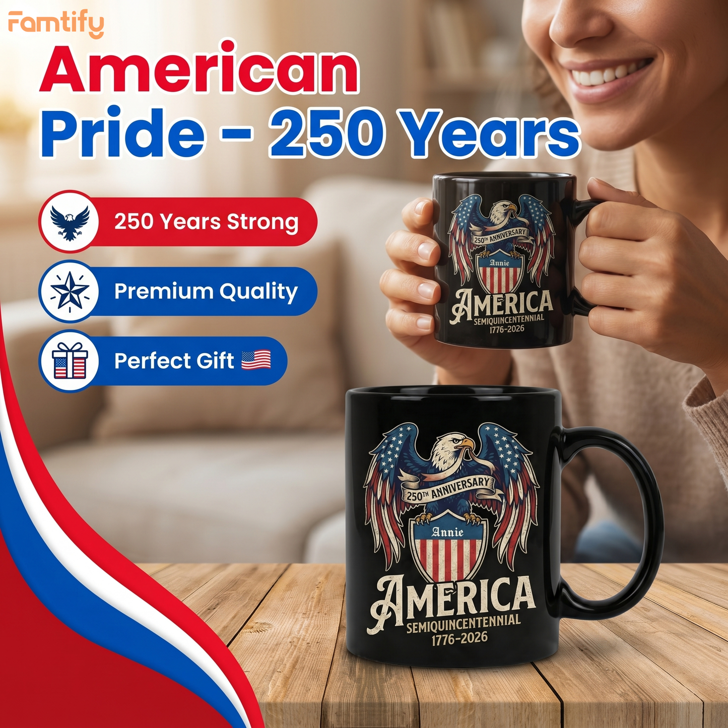 America 250th Anniversary Eagle Personalized Black Mug – USA Semiquincentennial 1776-2026 Patriotic Mug