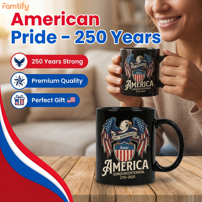 America 250th Anniversary Eagle Personalized Black Mug – USA Semiquincentennial 1776-2026 Patriotic Mug
