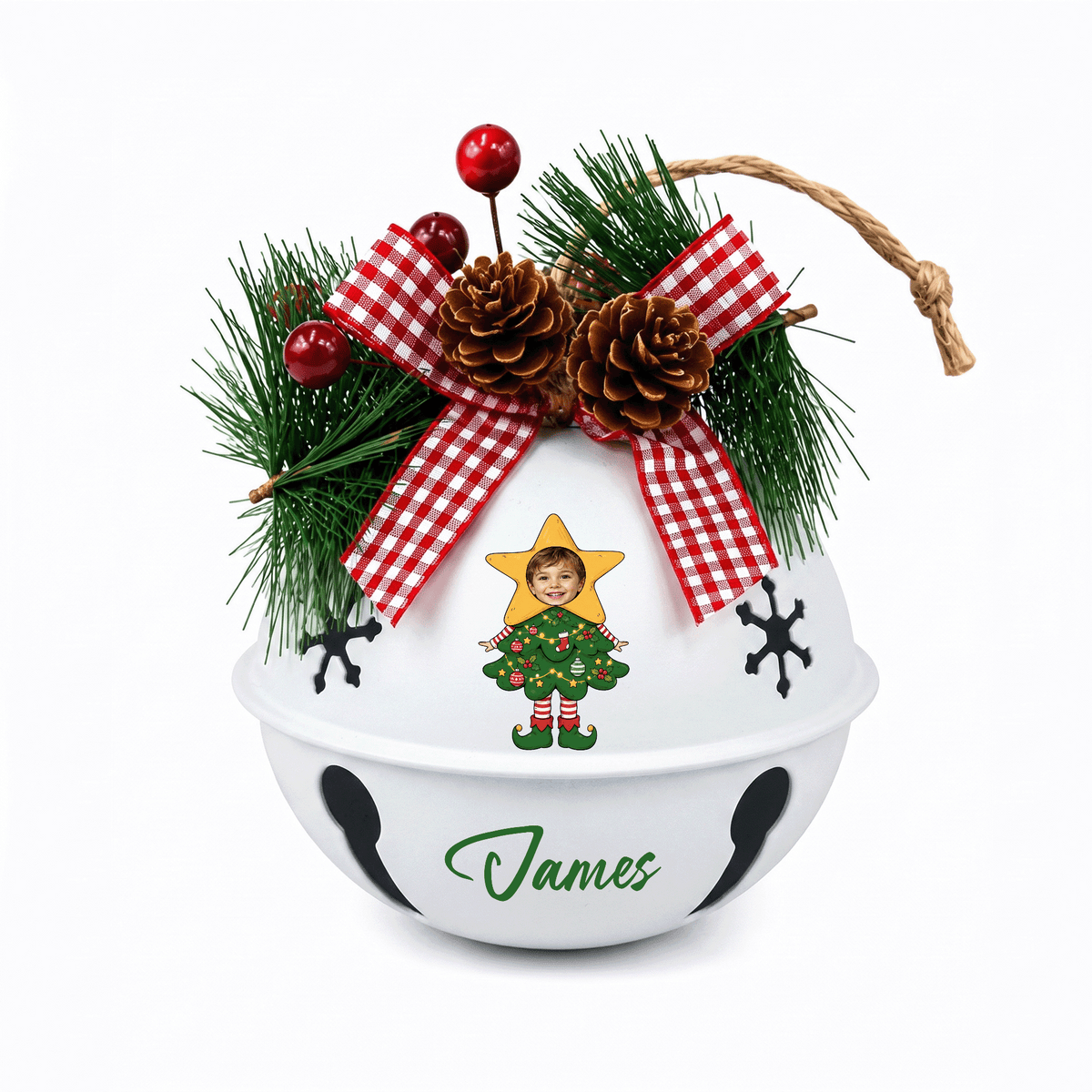 Custom photo star tree elf kid jingle bell ornament with child photo and name