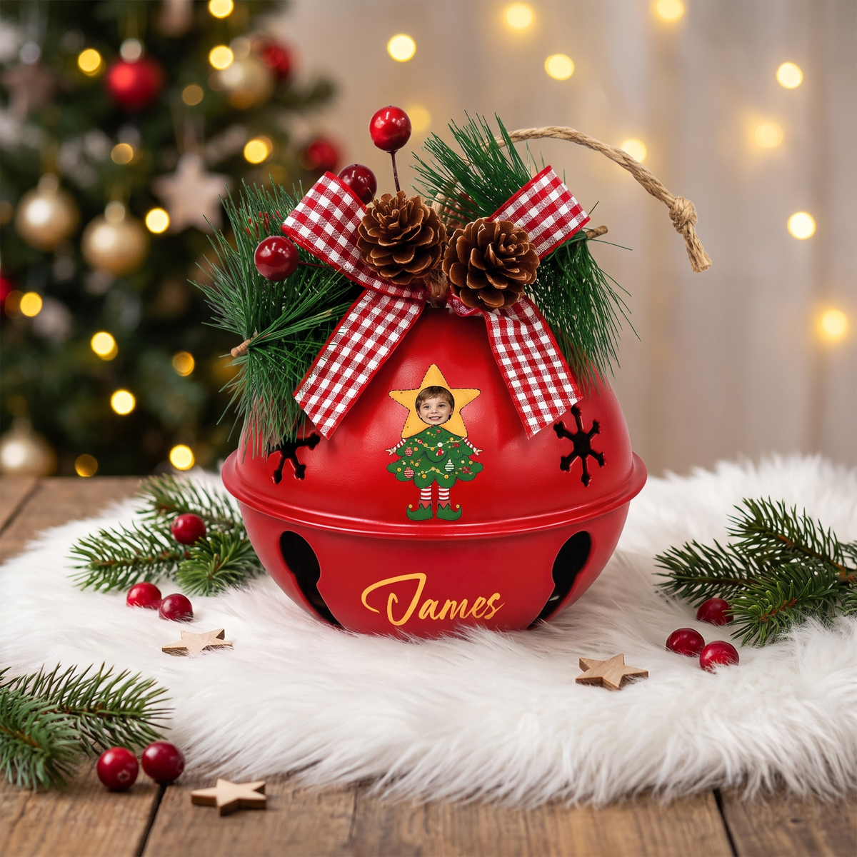 Personalized star tree elf kid photo jingle bell ornament in a cozy Christmas setting