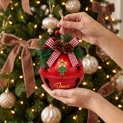 Custom star tree elf kid jingle bell ornament with name for holiday decor