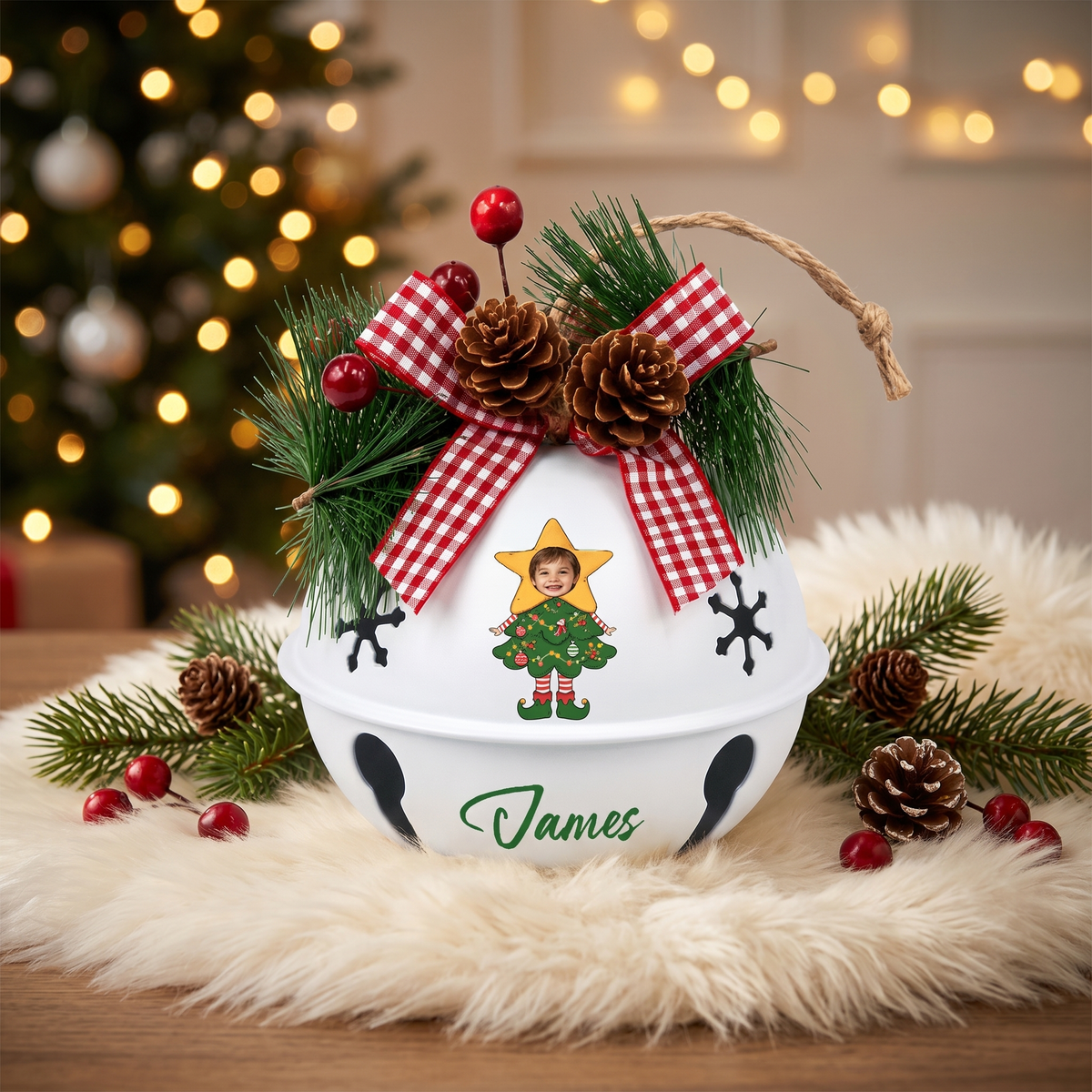 Personalized kid photo jingle bell ornament as a Christmas keepsake gift