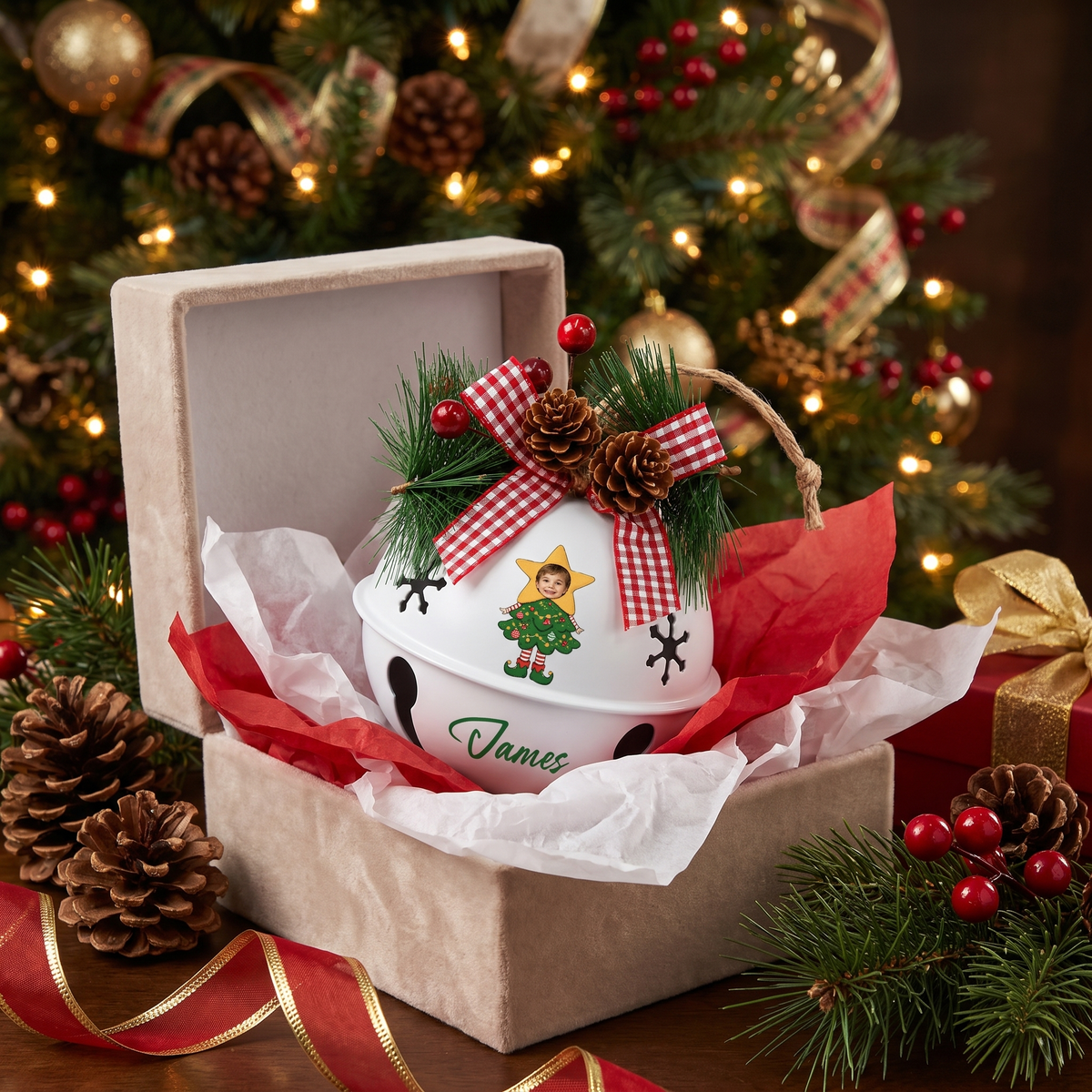 Custom photo star tree elf jingle bell ornament for the Christmas tree