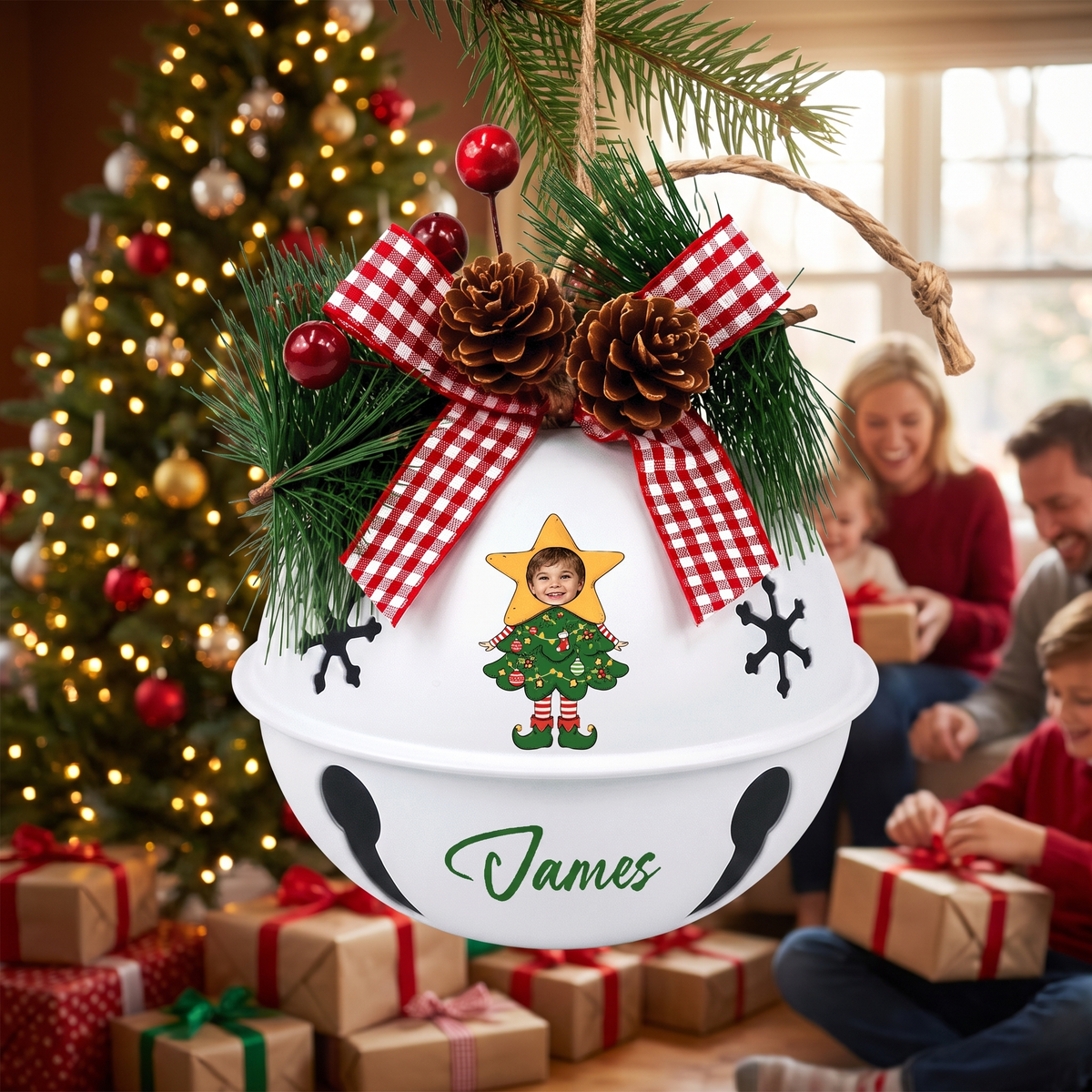 Personalized star tree elf kid jingle bell ornament hanging with family opening gifts