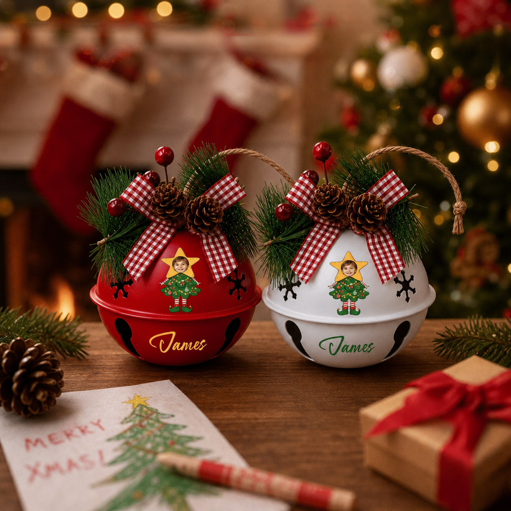 Personalized kid photo jingle bell ornaments, bell color options