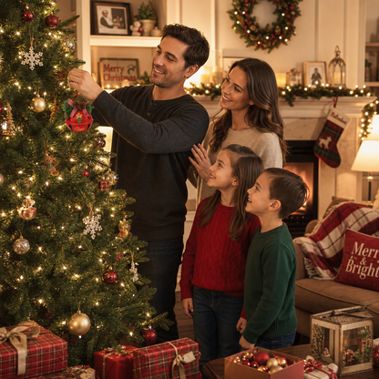 Family decorating the Christmas tree with personalized jingle bell ornaments