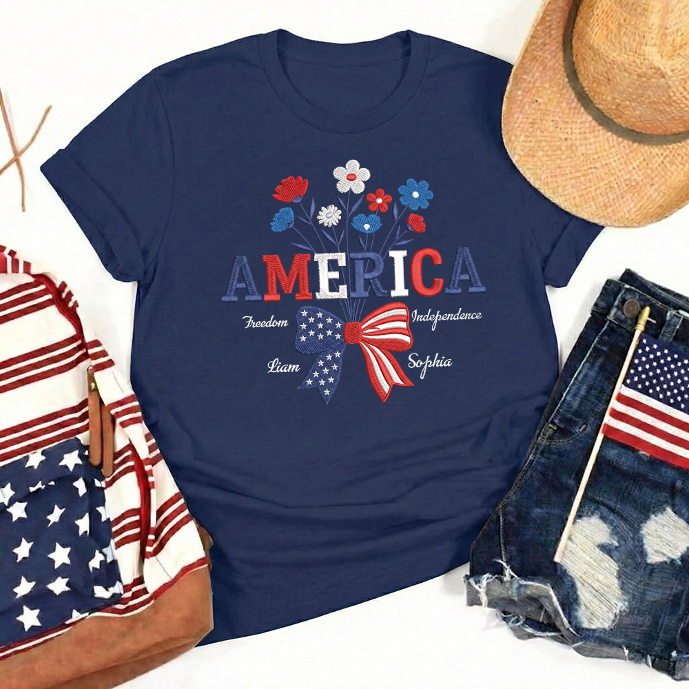 USA 250 Years Strong Floral T-Shirt - Embroidered Independence Day Tee (1776-2026)