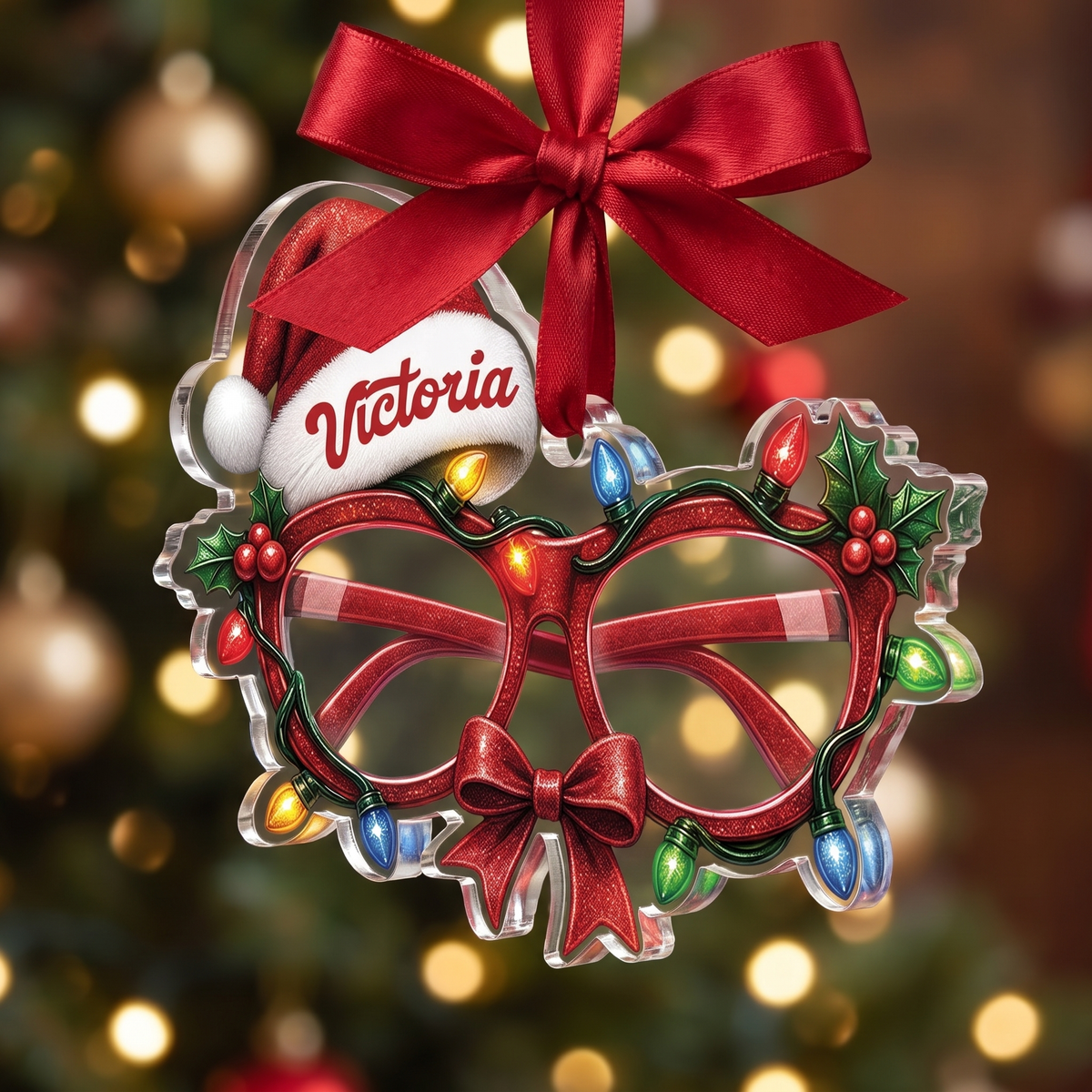 Personalized Christmas Glasses Santa Hat Name Acrylic Ornament, view 2