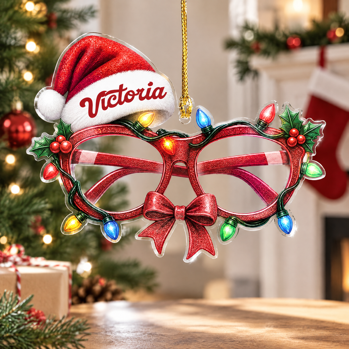 Personalized Christmas Glasses Santa Hat Name Acrylic Ornament, view 7