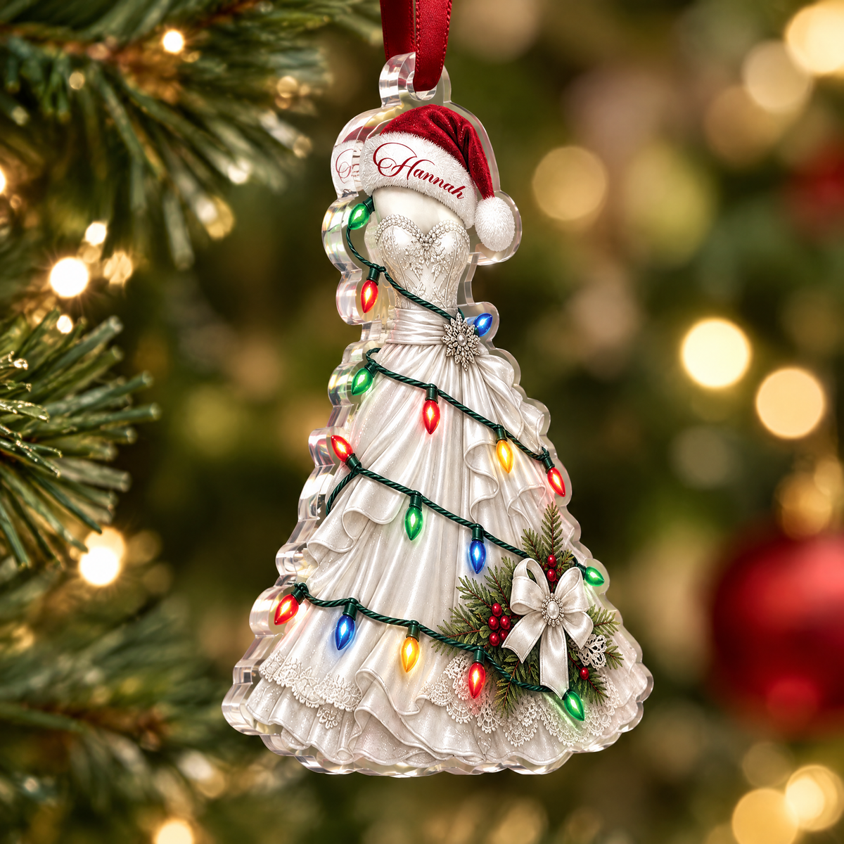 Personalized Wedding Dress Christmas Lights Acrylic Ornament, view 4