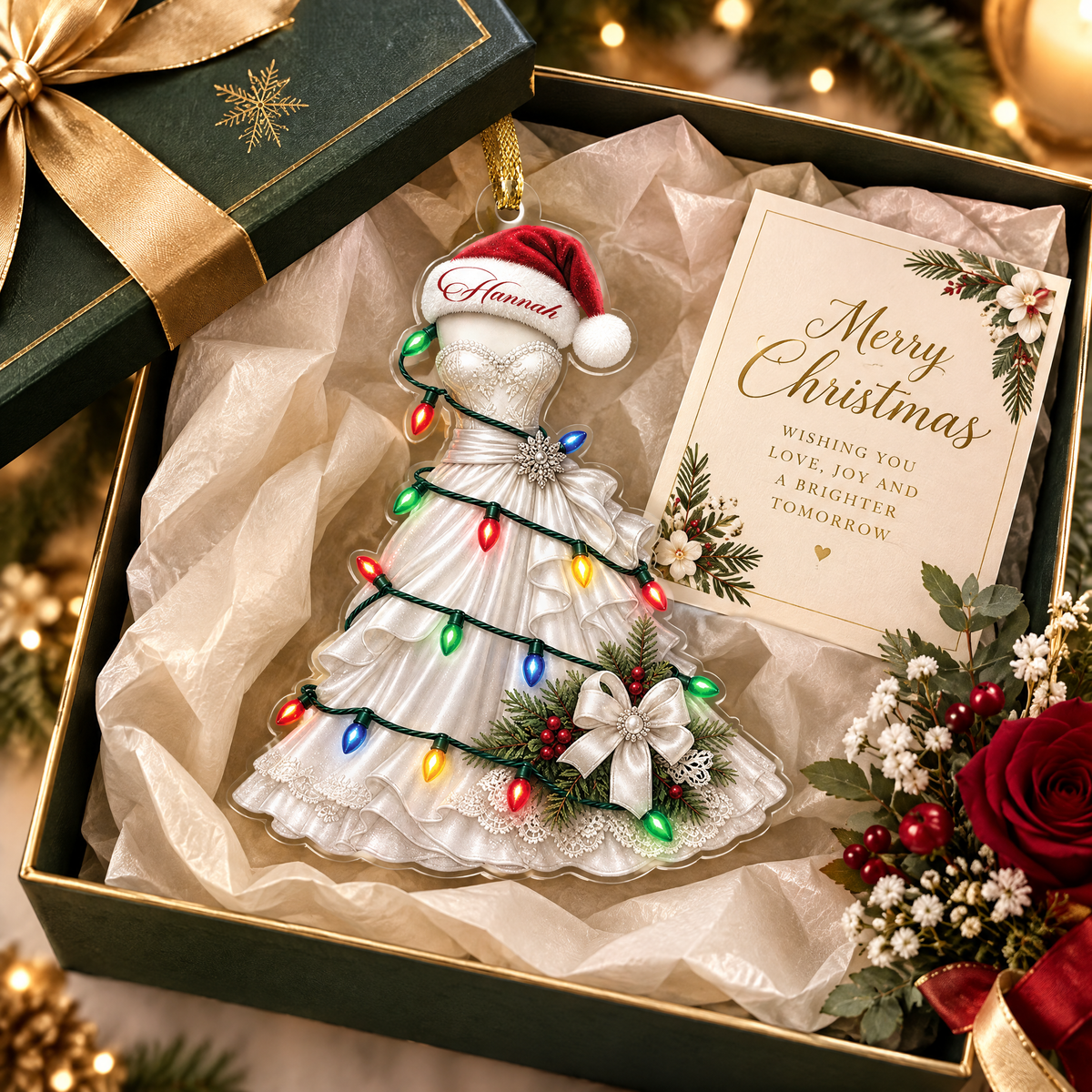 Personalized Wedding Dress Christmas Lights Acrylic Ornament, view 5