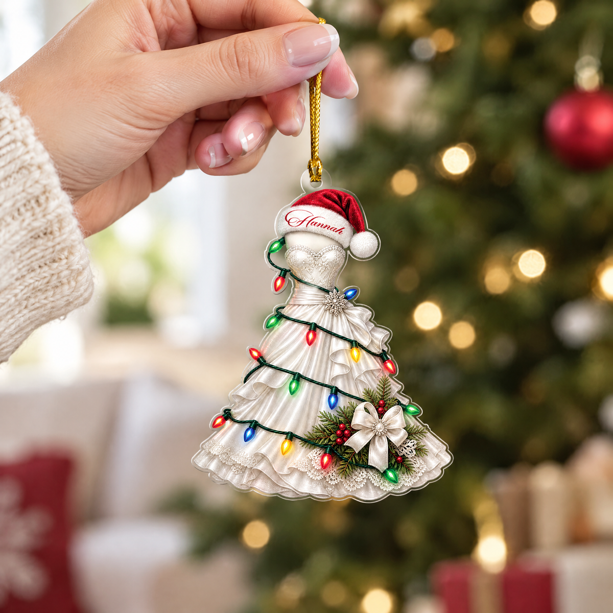 Personalized Wedding Dress Christmas Lights Acrylic Ornament, view 6