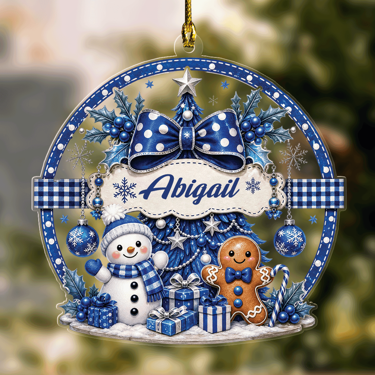 Personalized Snowman and Gingerbread Bow Name Acrylic Ornament