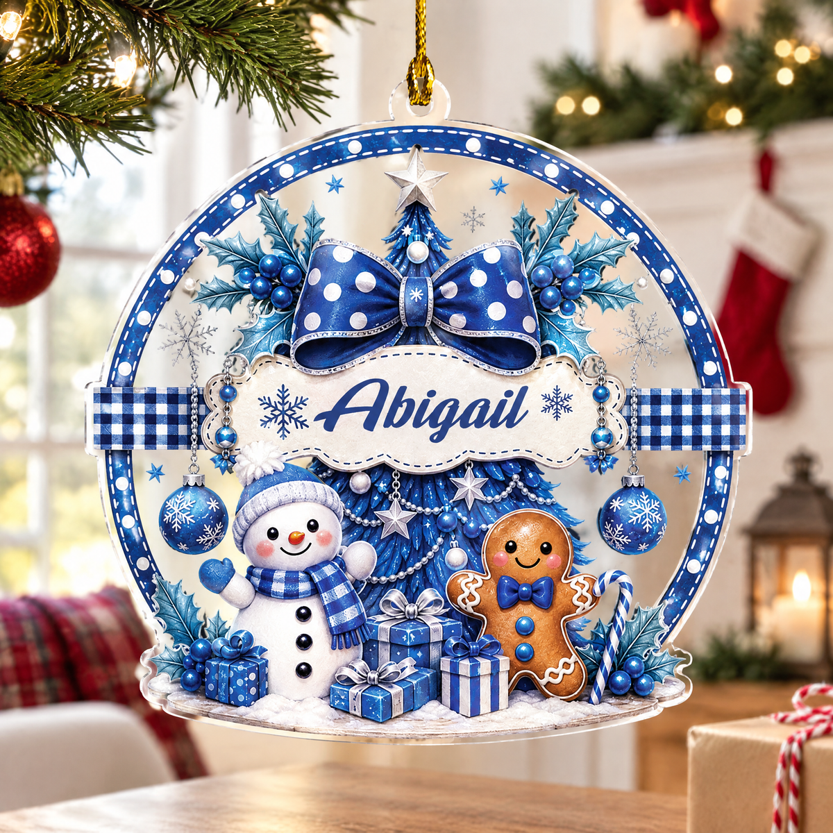 Personalized Snowman and Gingerbread Bow Name Acrylic Ornament, view 3