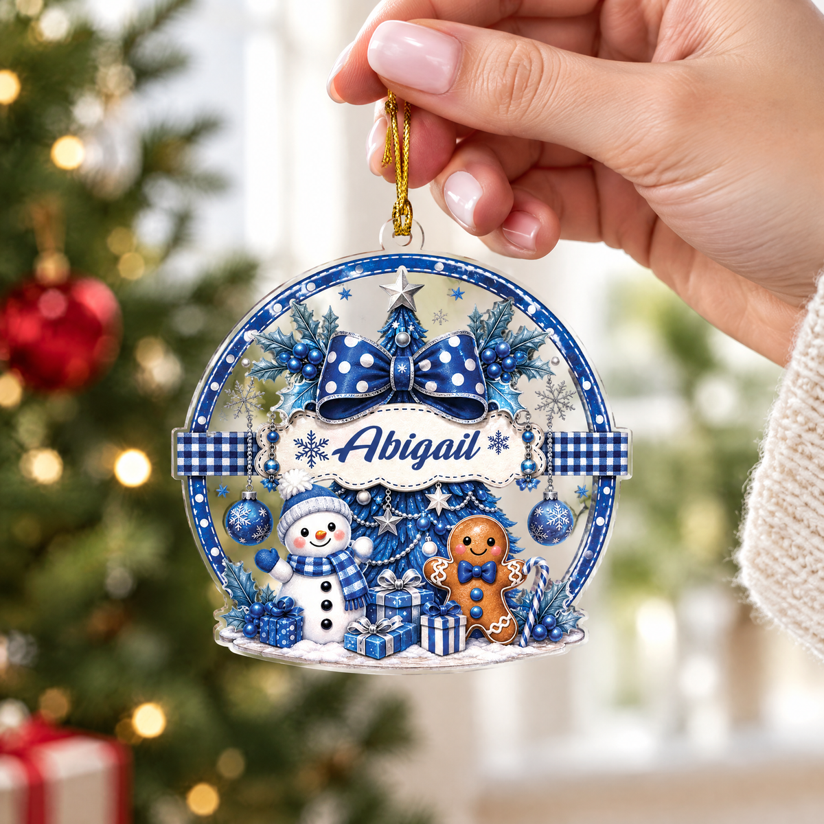 Personalized Snowman and Gingerbread Bow Name Acrylic Ornament, view 6