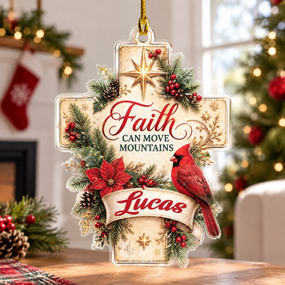 Personalized Faith Can Move Mountains Cross Cardinal Acrylic Ornament, view 3