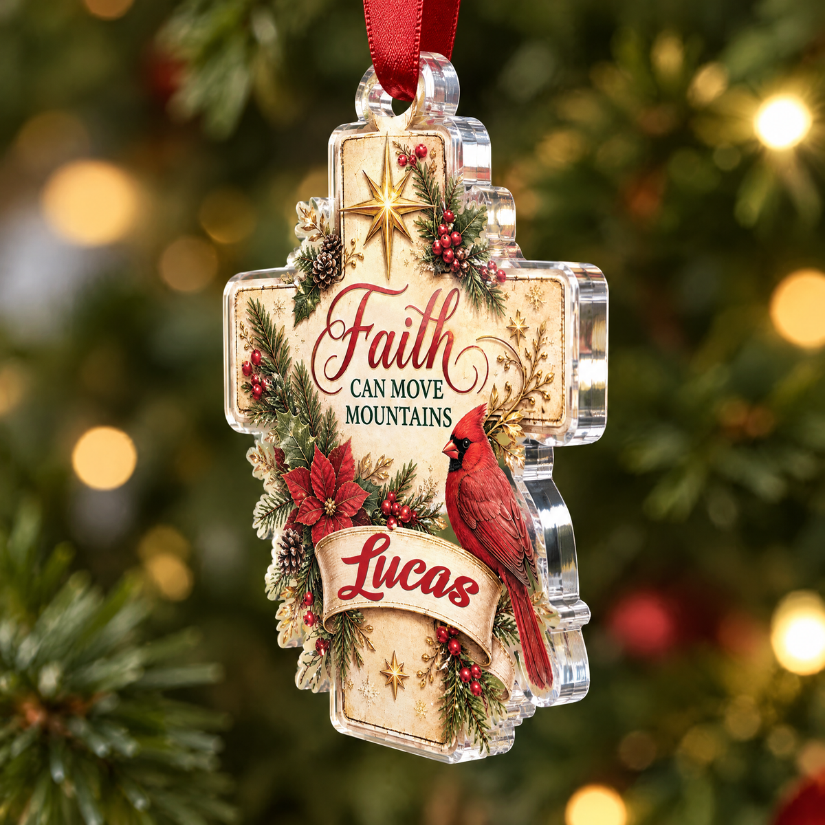 Personalized Faith Can Move Mountains Cross Cardinal Acrylic Ornament, view 4