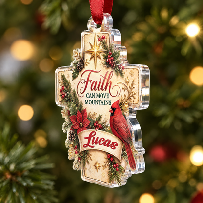 Personalized Faith Can Move Mountains Cross Cardinal Acrylic Ornament, view 4