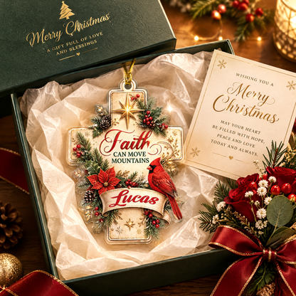 Personalized Faith Can Move Mountains Cross Cardinal Acrylic Ornament, view 5
