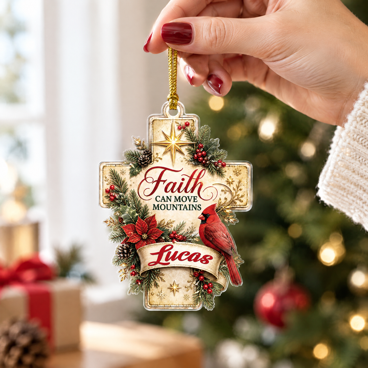 Personalized Faith Can Move Mountains Cross Cardinal Acrylic Ornament, view 6