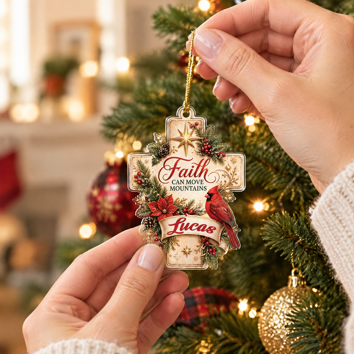 Personalized Faith Can Move Mountains Cross Cardinal Acrylic Ornament, view 7