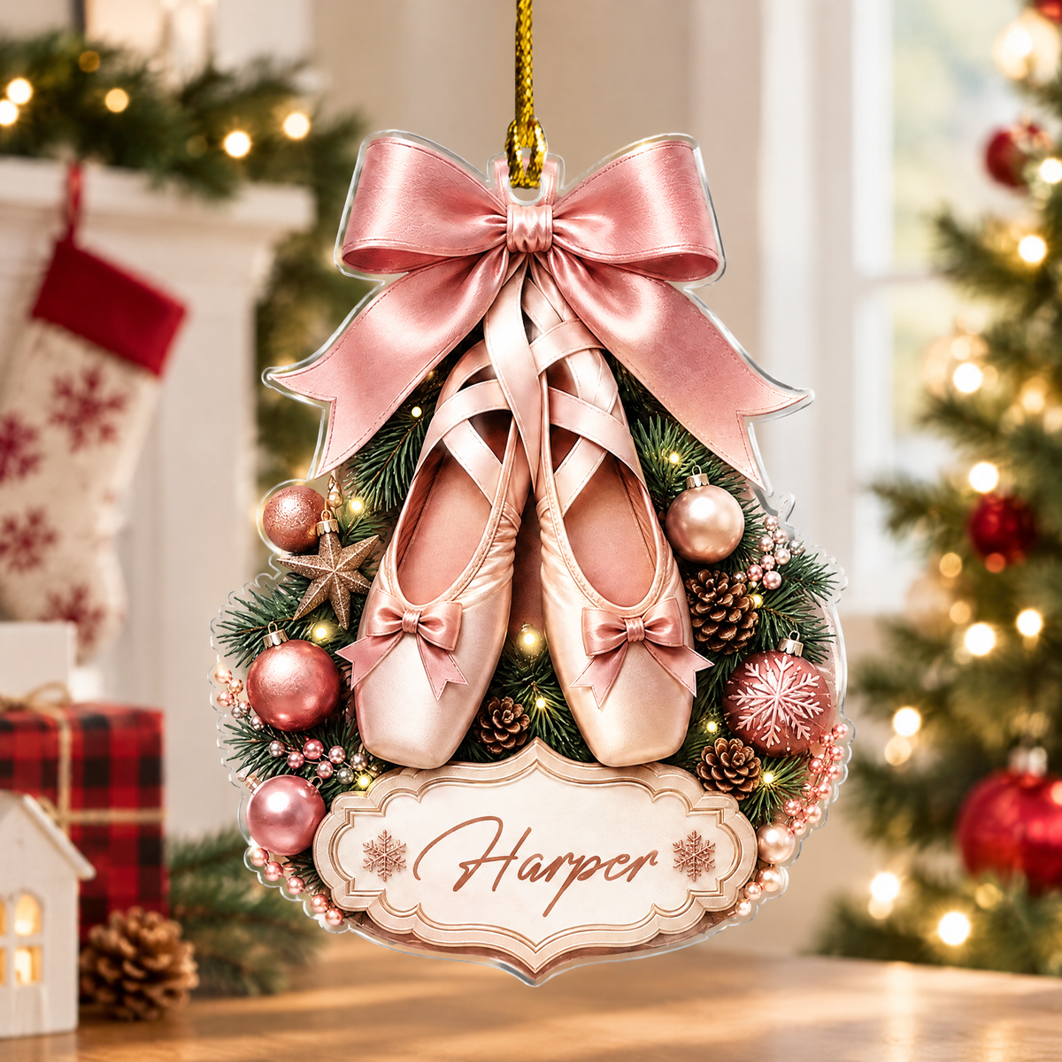 Personalized Pointe Shoes Bow Name Acrylic Ornament, view 3