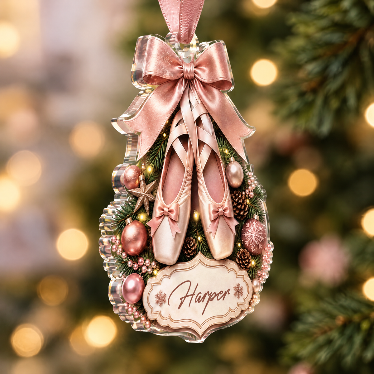 Personalized Pointe Shoes Bow Name Acrylic Ornament, view 4