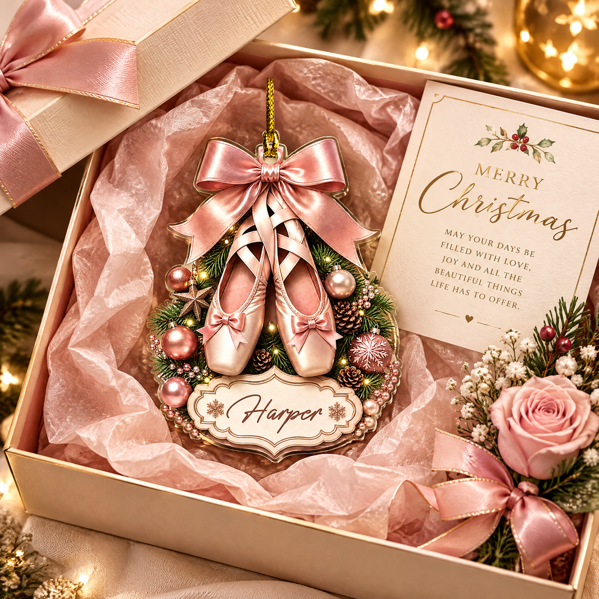Personalized Pointe Shoes Bow Name Acrylic Ornament, view 5