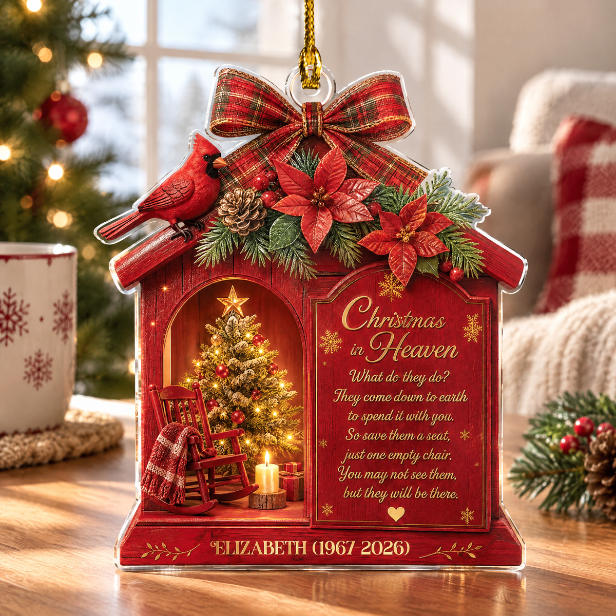Personalized Christmas In Heaven Memorial Cardinal Acrylic Ornament, view 2