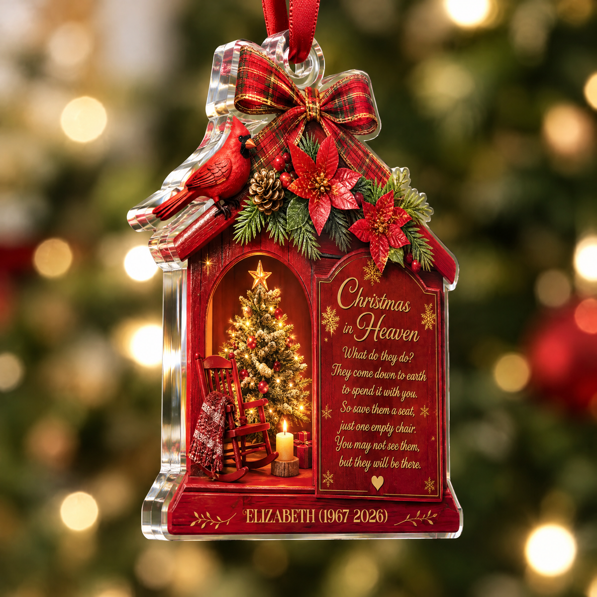 Personalized Christmas In Heaven Memorial Cardinal Acrylic Ornament, view 3