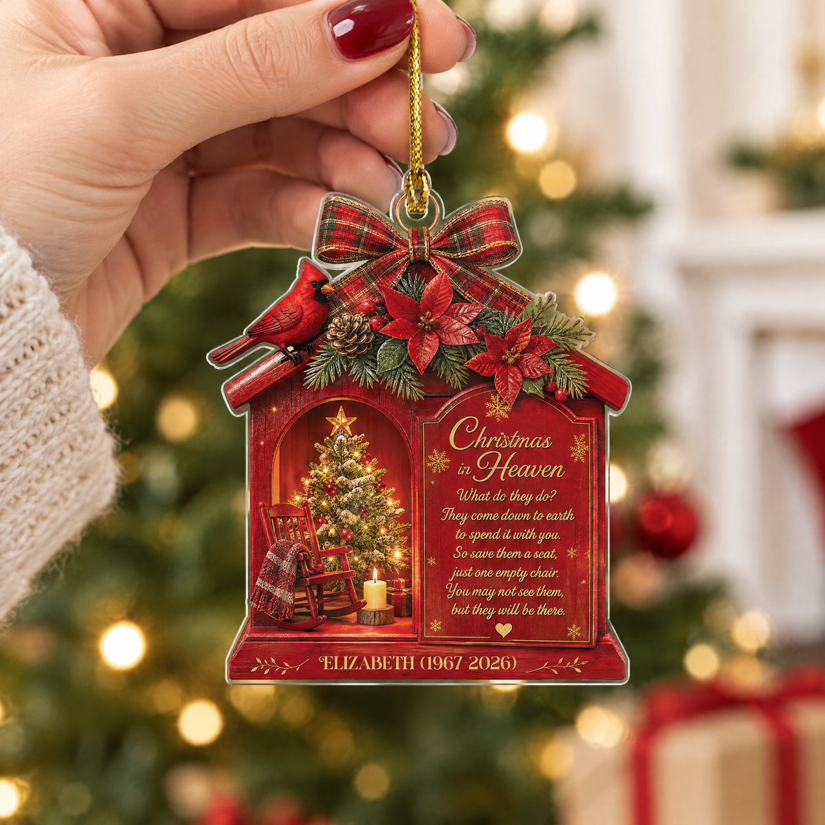 Personalized Christmas In Heaven Memorial Cardinal Acrylic Ornament, view 5