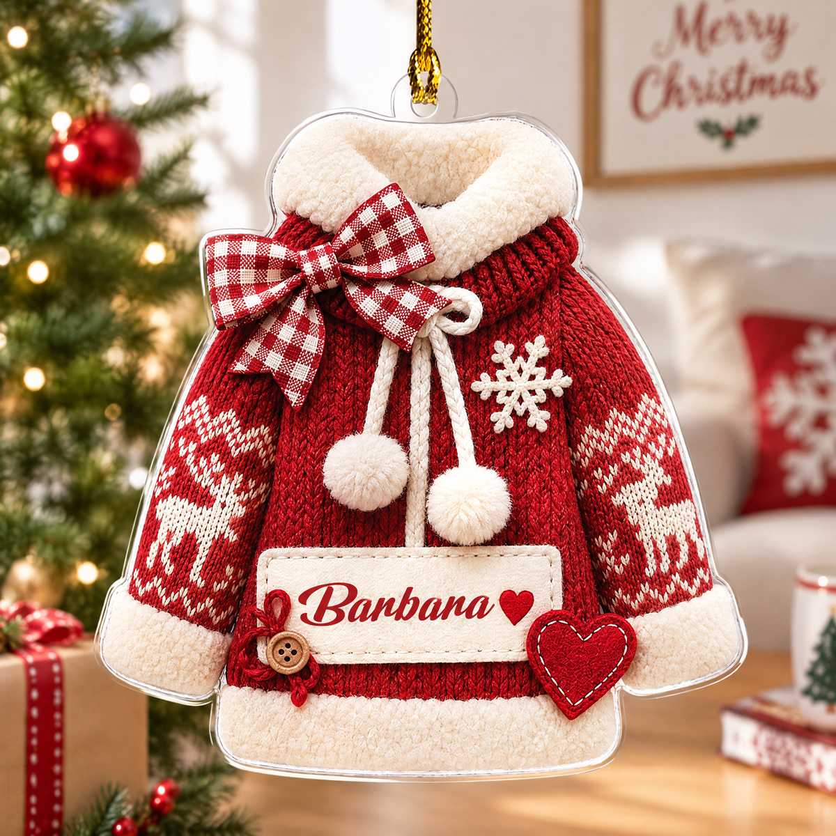 Personalized Knit Christmas Sweater Name Acrylic Ornament, view 3