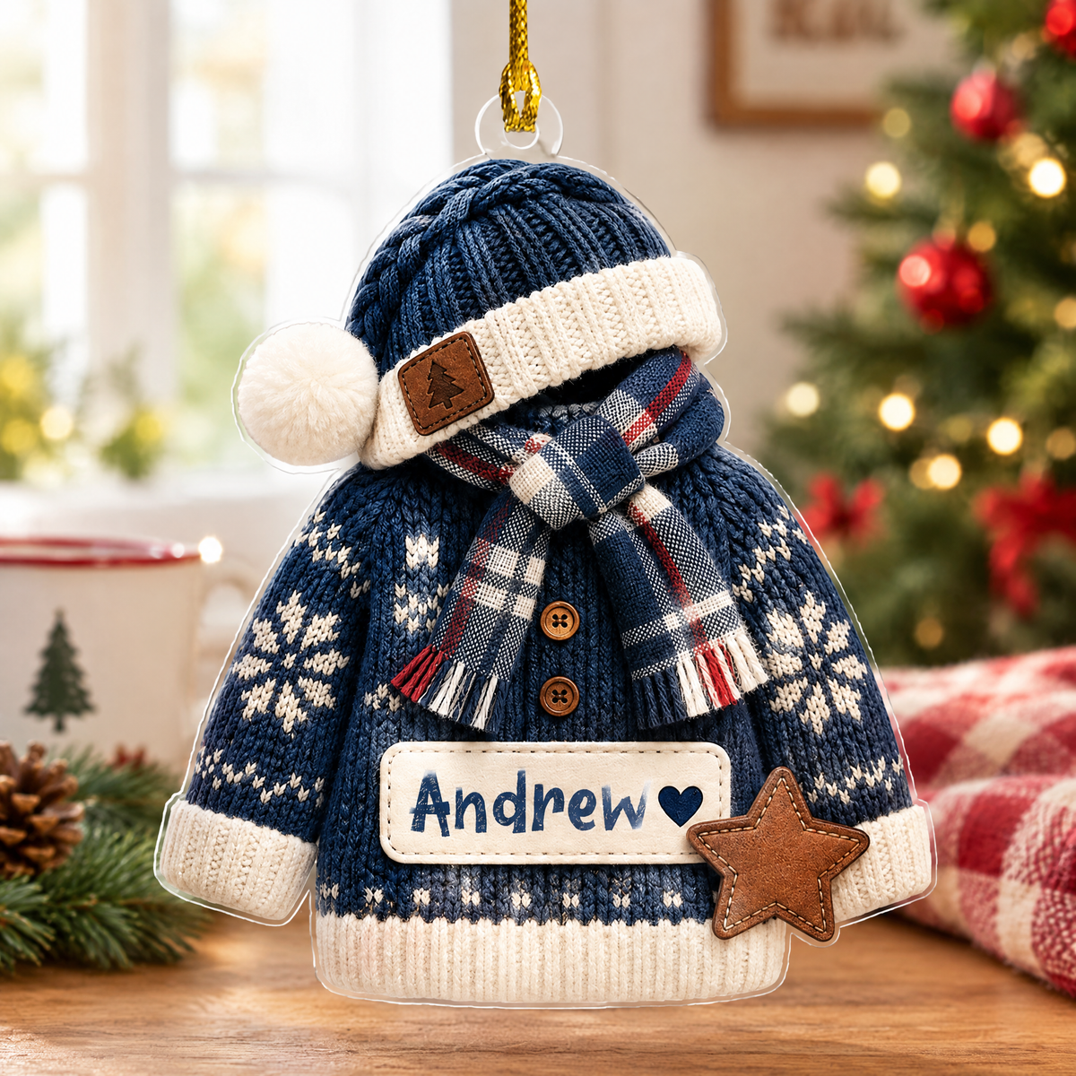 Personalized Knit Sweater Hat and Scarf Name Acrylic Ornament, view 3