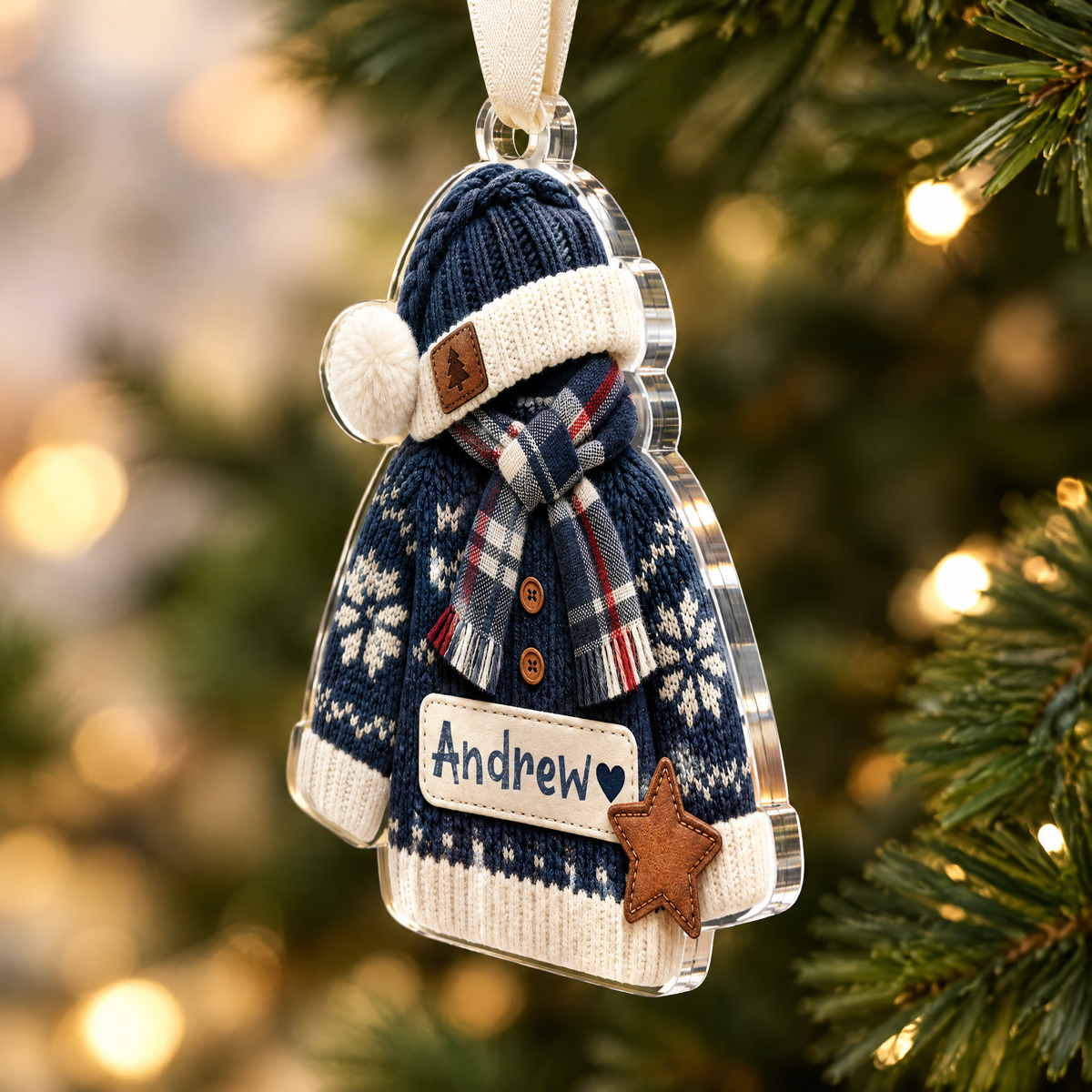 Personalized Knit Sweater Hat and Scarf Name Acrylic Ornament, view 4