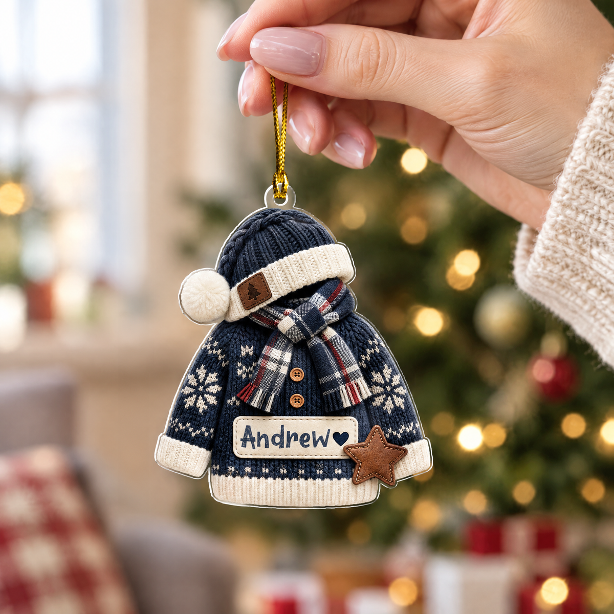 Personalized Knit Sweater Hat and Scarf Name Acrylic Ornament, view 6