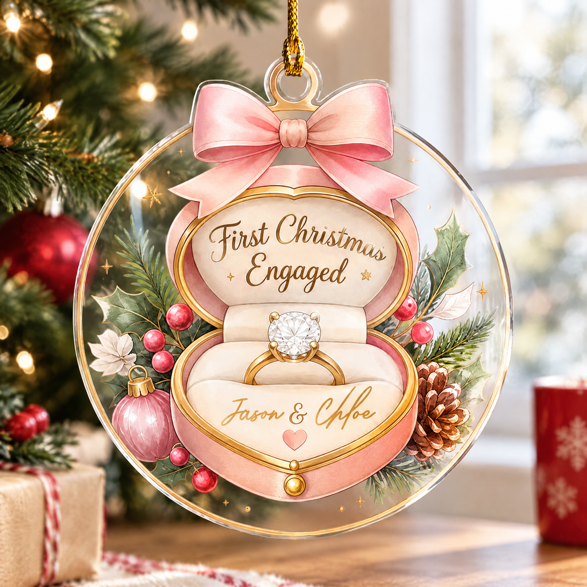 Personalized First Christmas Engaged Ring Box Acrylic Ornament, view 3