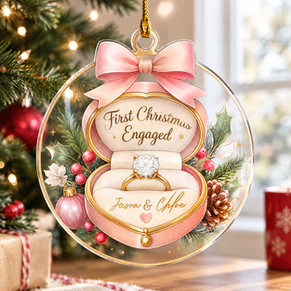 Personalized First Christmas Engaged Ring Box Acrylic Ornament, view 3