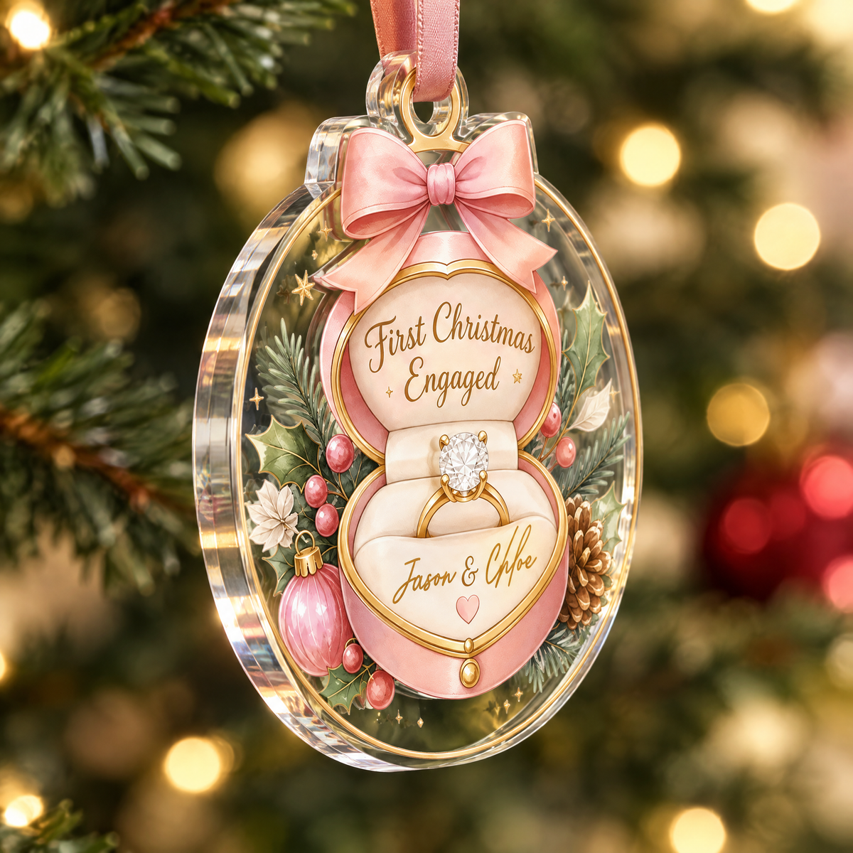 Personalized First Christmas Engaged Ring Box Acrylic Ornament, view 4