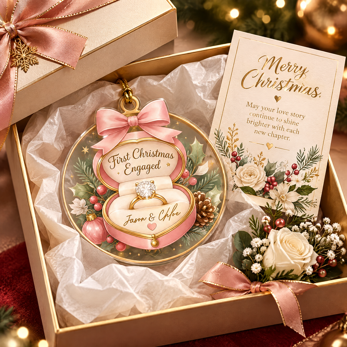 Personalized First Christmas Engaged Ring Box Acrylic Ornament, view 5